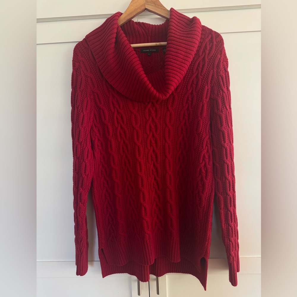 JEANNE PIERRE Deep Red Cowl Neck cable knit Sweater M